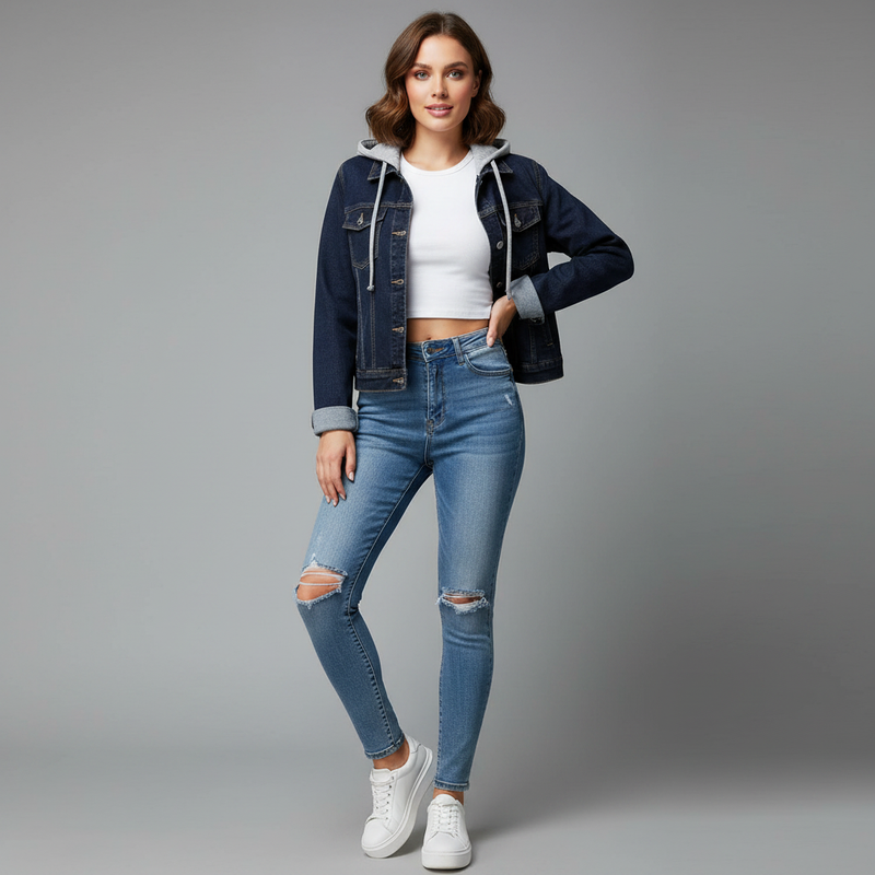 Denim Jacket with Detachable Hood | Women's Casual Outerwear